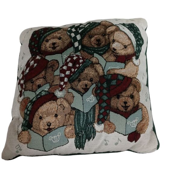 Vintage Christmas Teddy Bear Choir Pillow Holiday Decor Singing Bears 15x15 - Picture 3 of 9